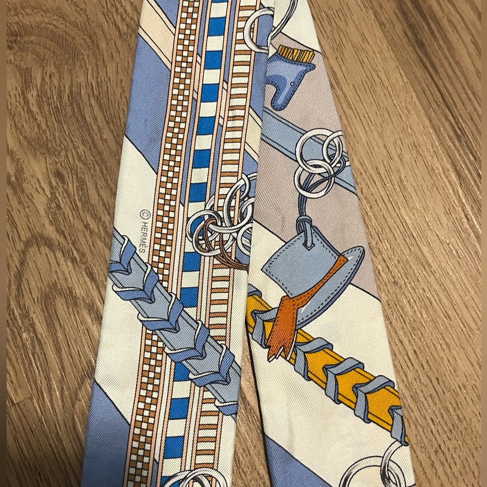 HERMES Twilly 100% Silk Blue Horse Scarf